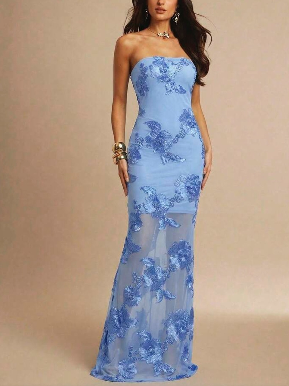 Strapless Blue Floral AppliquΓ© Evening Gown